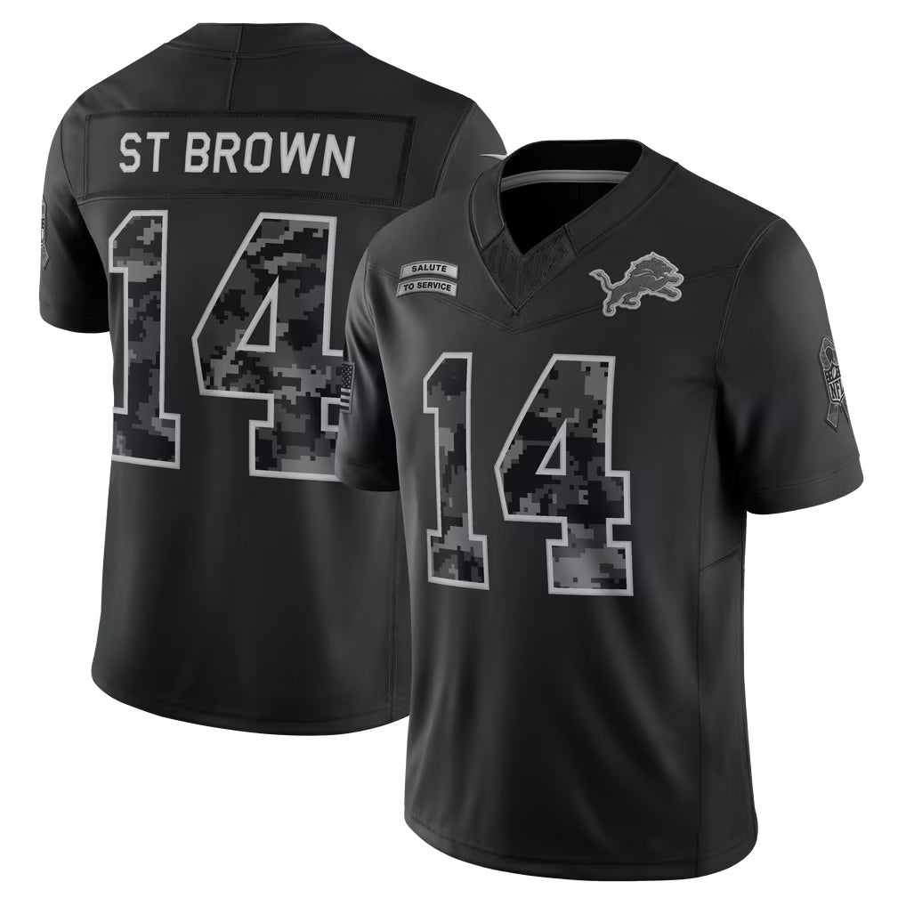 Elroe D.Lions #14 Amon-Ra St.Brown Player Black Limited 2026 Salute to Service Home Game Stitched Jerseys