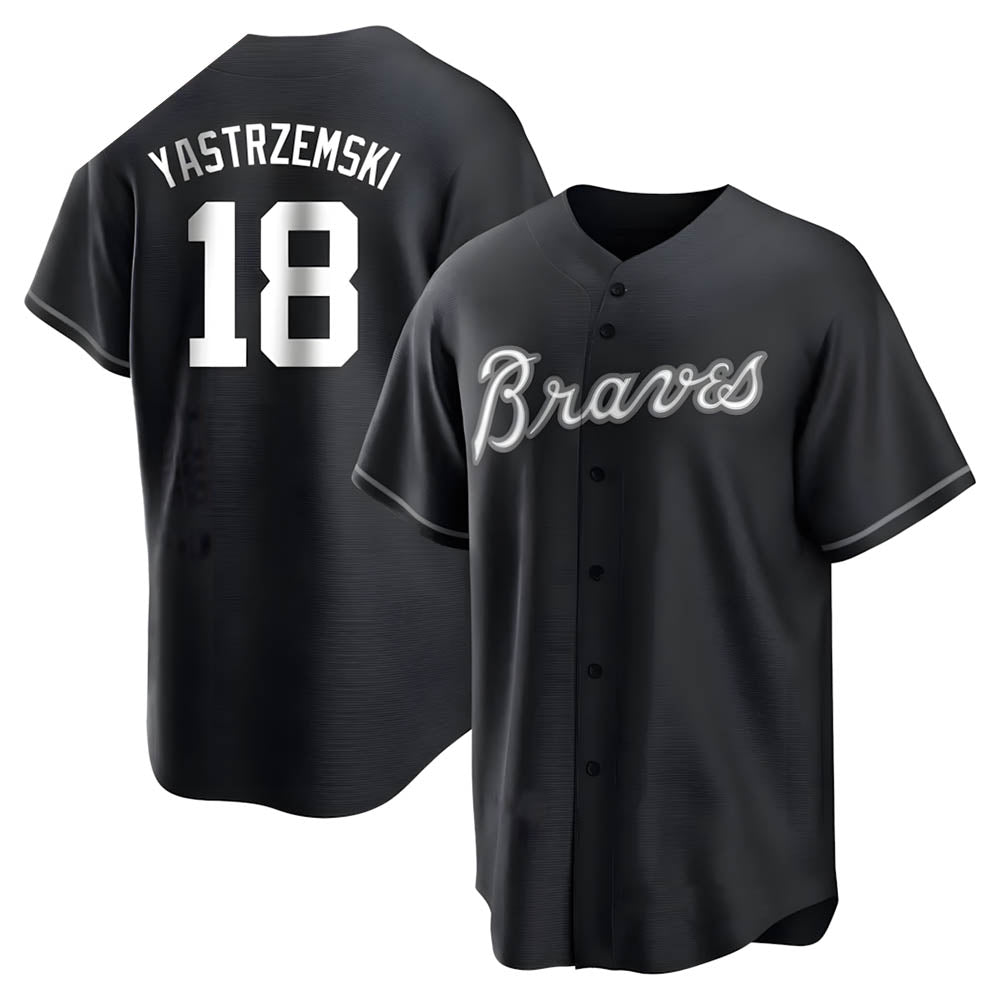 Elroe A.Braves #18 Mike Yastrzemski player Black&White Replica Stitched Jerseys