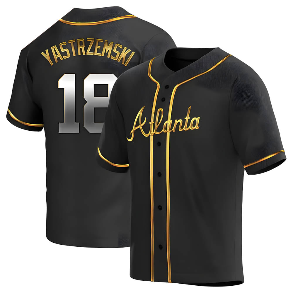 Elroe A.Braves #18 Mike Yastrzemski player Gold Replica Black en Alternate Stitched Jerseys