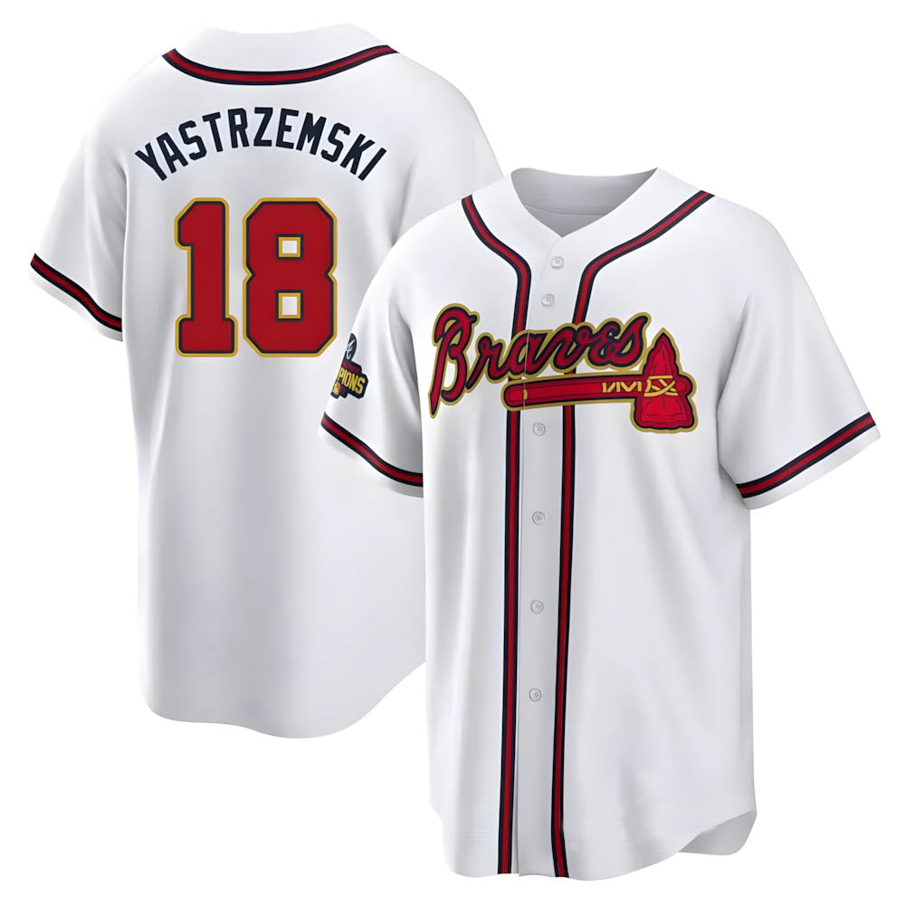 Elroe A.Braves #18 Mike Yastrzemski player Gold Replica White Program Stitched Jerseys