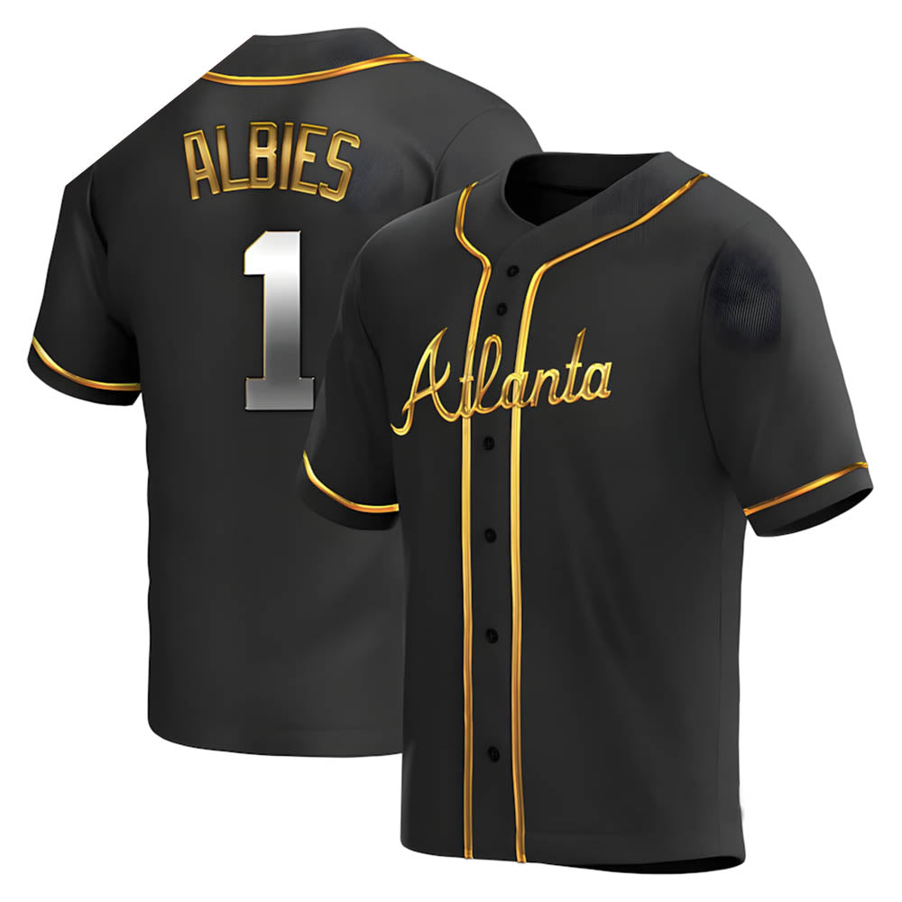 Elroe A.Braves #1 Ozzie Albies Player Gold Replica Black en Alternate Stitched Jerseys