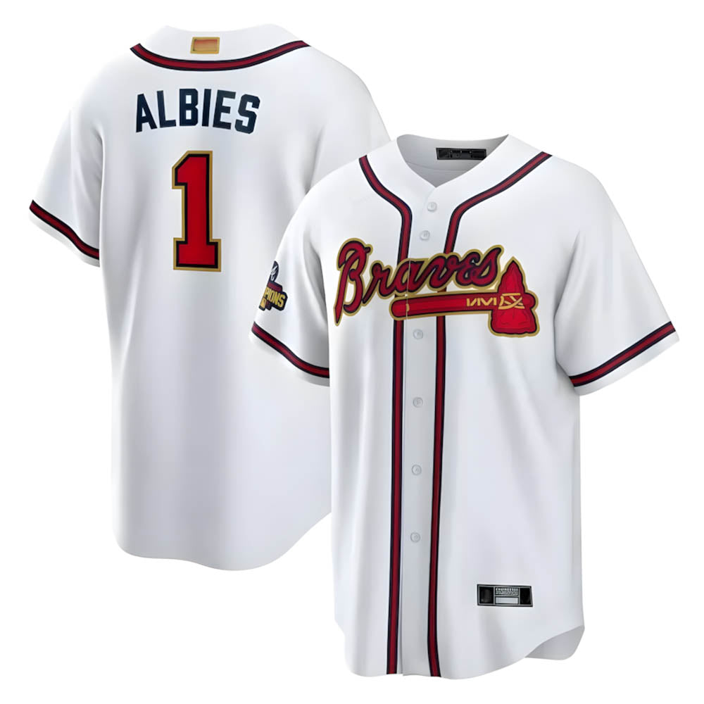 Elroe A.Braves #1 Ozzie Albies Player White World Series Gold Program Stitched Jerseys