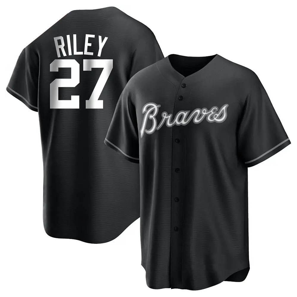 Elroe A.Braves #27 Austin Riley Player Black&White Replica Stitched Jerseys