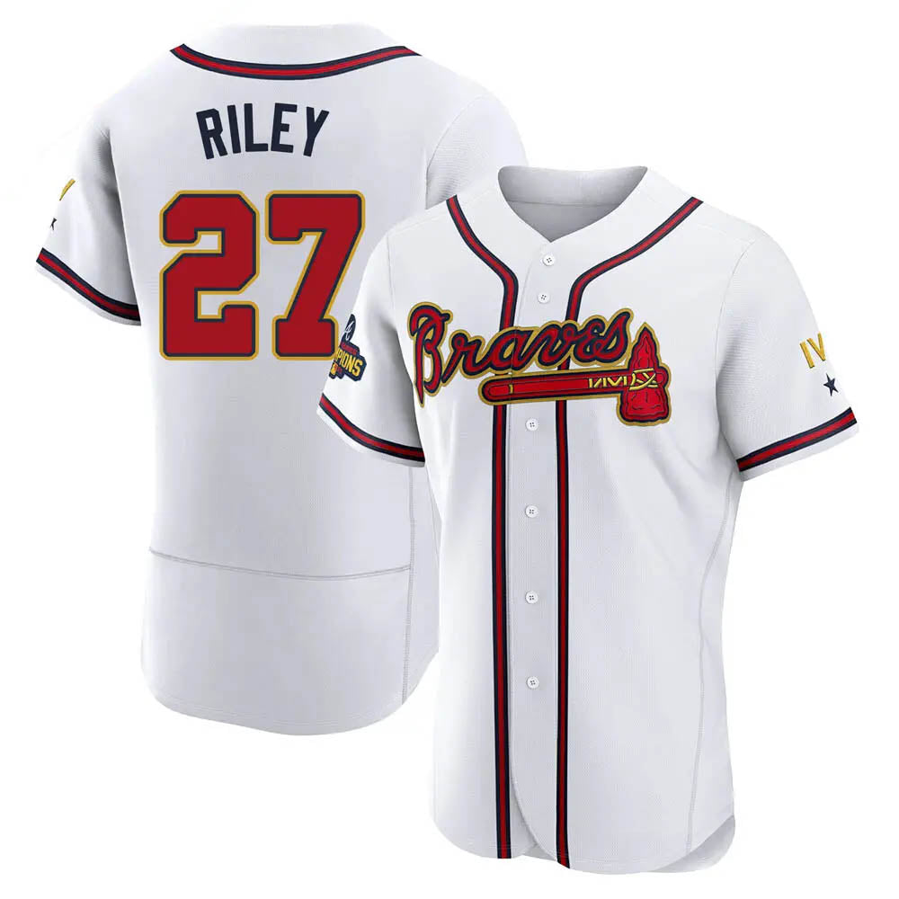 Elroe A.Braves #27 Austin Riley Player White&Gold Authentic Program Stitched Jerseys