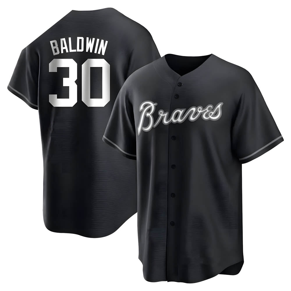Elroe A.Braves #30 Drake Baldwin player Black&White Replica Stitched Jerseys