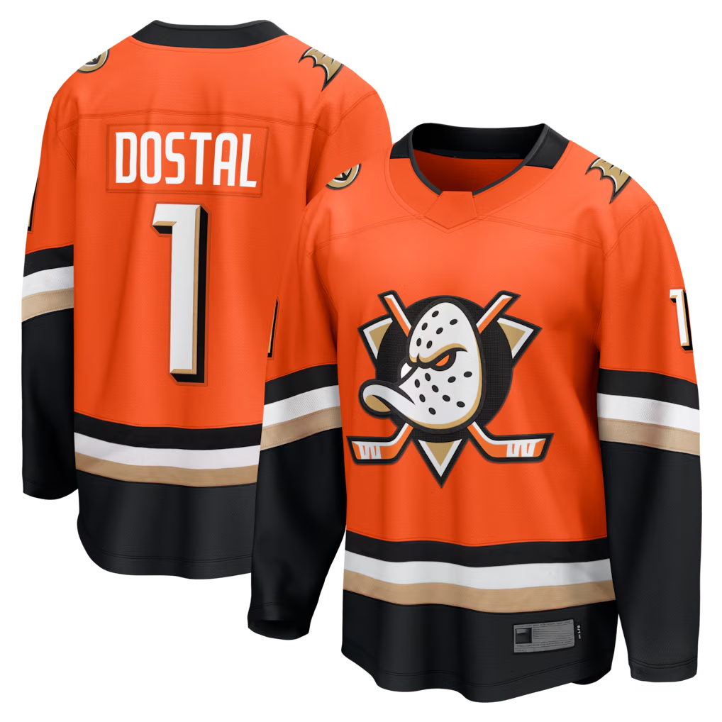 Elroe A.Ducks #1 Lukas Dostal Orange Home Breakaway Jerseys