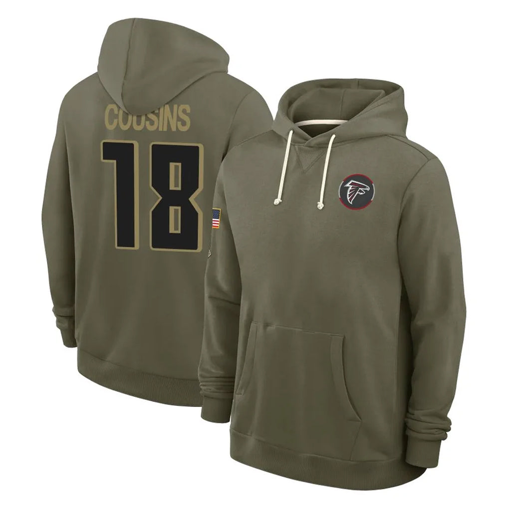 Elroe A.Falcons #18 Kirk Cousins Player Olive 2025 Salute to Service Hoodies Stitched Jerseys