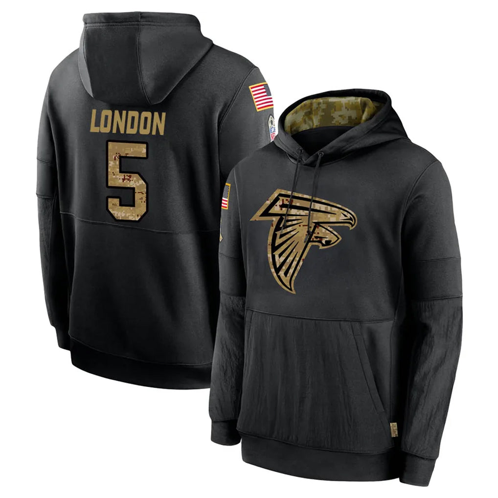 Elroe A.Falcons #5 Drake London Player Black Salute to Service Pullover Hoodies Stitched Jerseys