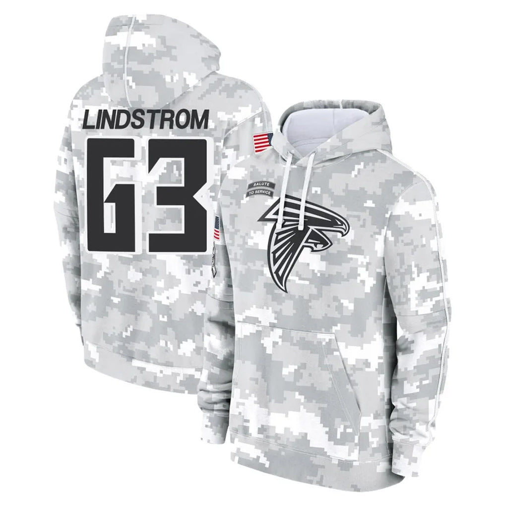 Elroe A.Falcons #63 Chris Lindstrom Player Arctic Camo Salute to Service Limited Hoodie Stitched Jerseys