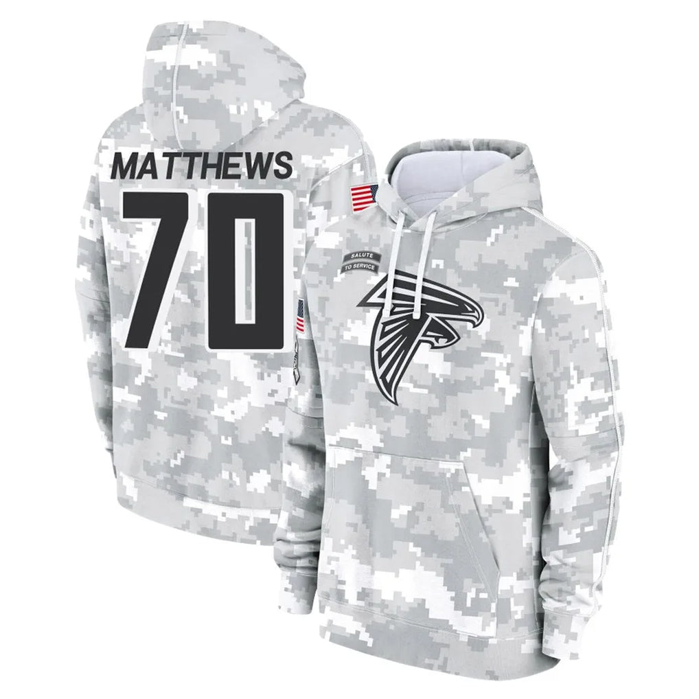 Elroe A.Falcons #70 Jake Matthews Player Arctic Camo Salute to Service Limited Hoodie Stitched Jerseys