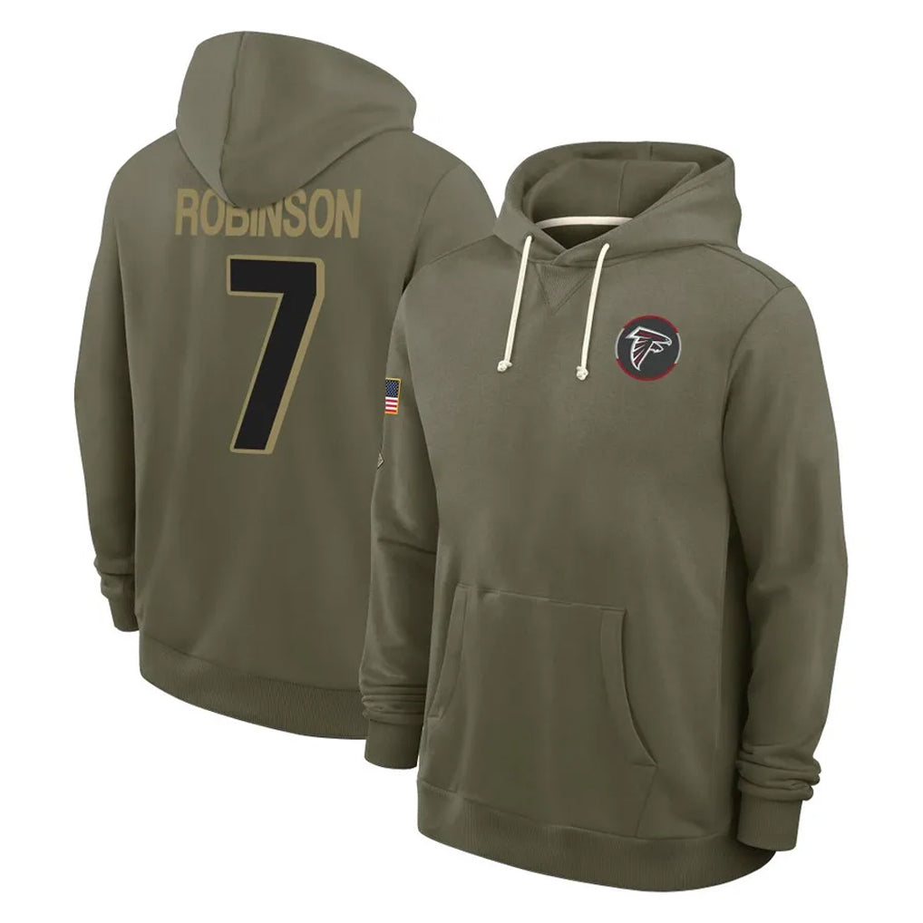 Elroe A.Falcons #7 Bijan Robinson Player Olive 2025 Salute to Service Hoodies Stitched Jerseys