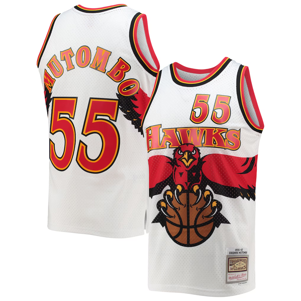 Elroe A.Hawks #55 Dikembe Mutombo Mitchell & Ness White 199697 Hardwood Classics Swingman Jerseys