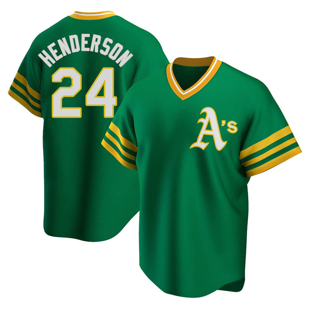 Elroe Athletics #24 Rickey Henderson Player Green Replica Cooperstown Collection T shirt Stitched Jersey