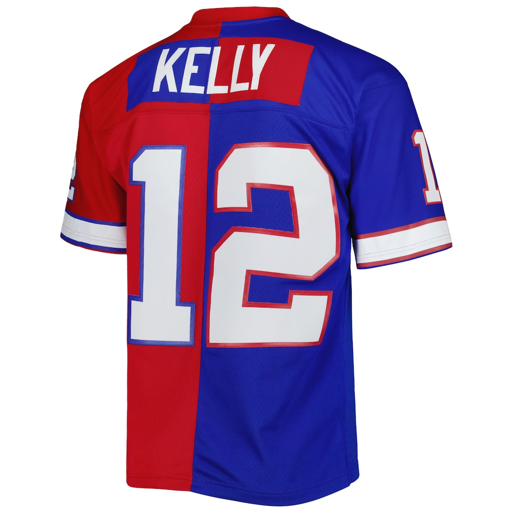 Elroe B.Bills #12 Jim Kelly Mitchell & Ness RoyalRed 1990 Split Legacy Replica Jersey