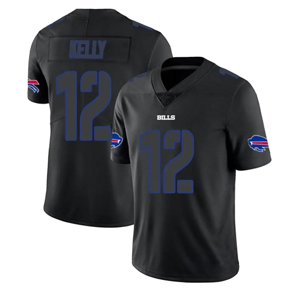 Elroe B.Bills #12 Jim Kelly Player Black Impact Limited Game Stitched Jerseys