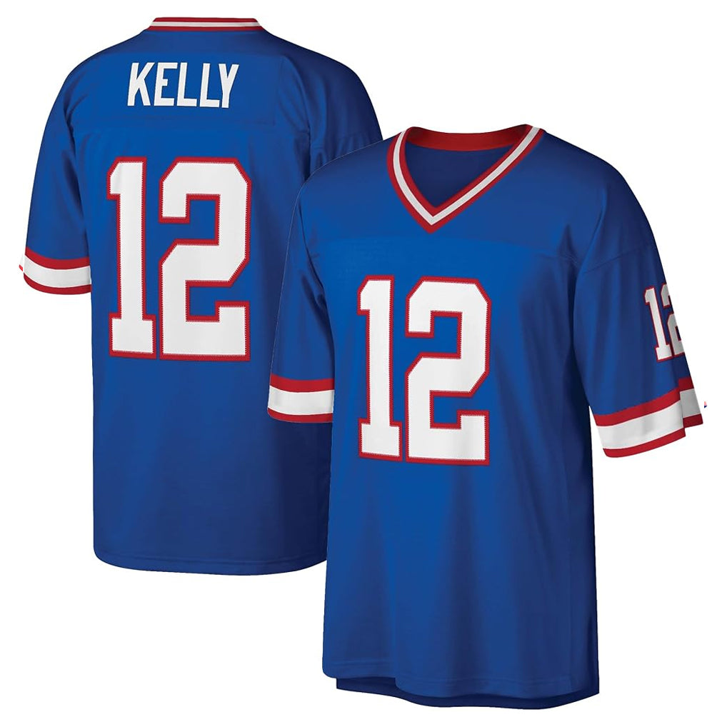 Elroe B.Bills #12 Jim Kelly Player Blue Replica Throwback Limited Stitched Jerseys