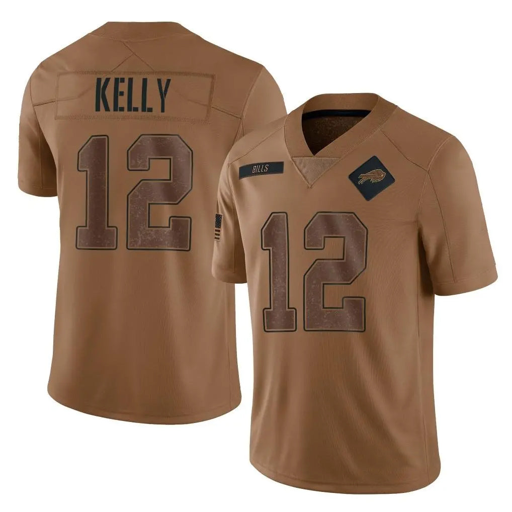 Elroe B.Bills #12 Jim Kelly Player Brown Salute To Service Limited Stitched Jerseys