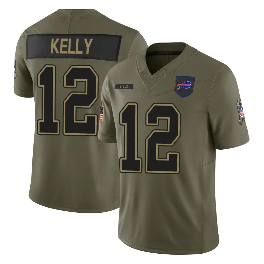Elroe B.Bills #12 Jim Kelly Player Olive Salute to Service Limited Home Game Stitched Jerseys