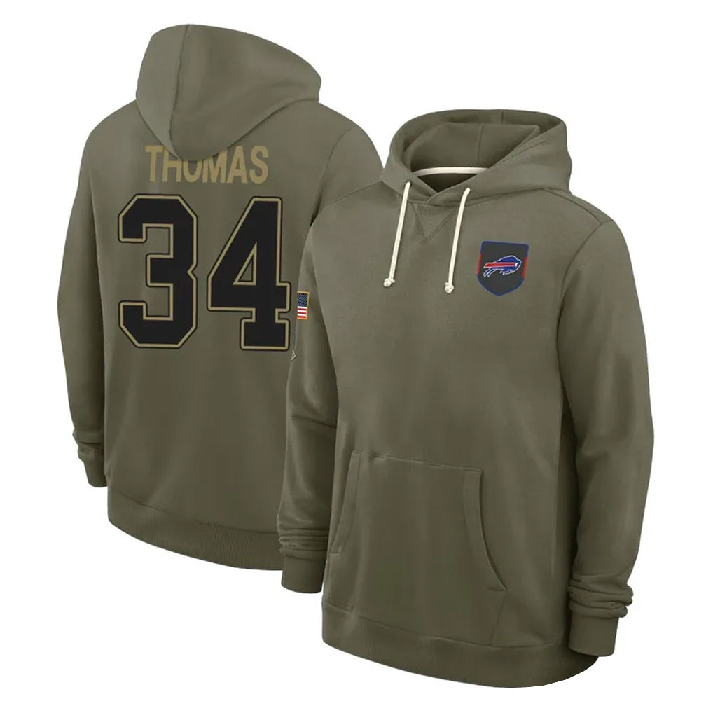 Elroe B.Bills #34 Thurman Thomas Player Olive Salute to Service Hoodies Stitched Jerseys