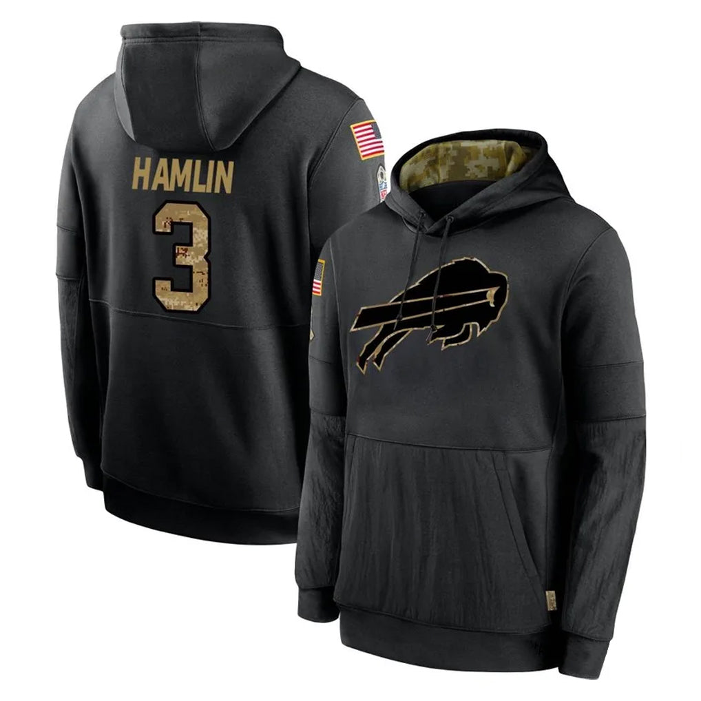 Elroe B.Bills #3 Damar Hamlin Player Black Salute to Service Hoodies Stitched Jersey