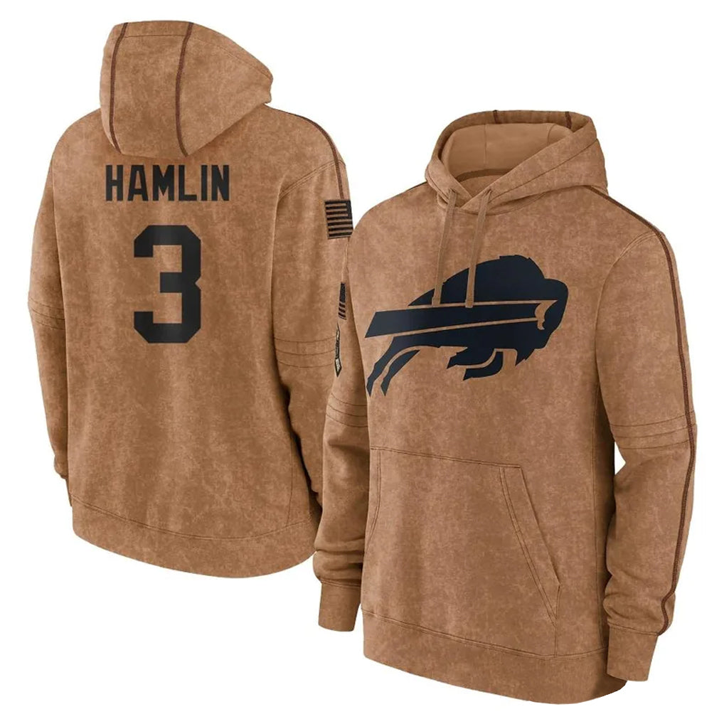Elroe B.Bills #3 Damar Hamlin Player Brown Salute to Service Hoodies Stitched Jerseys