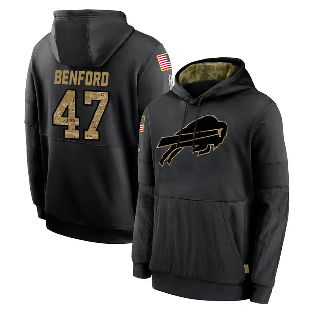 Elroe B.Bills #47 Christian Benford Player Black Salute to Service Hoodies Hame Stitched Jerseys