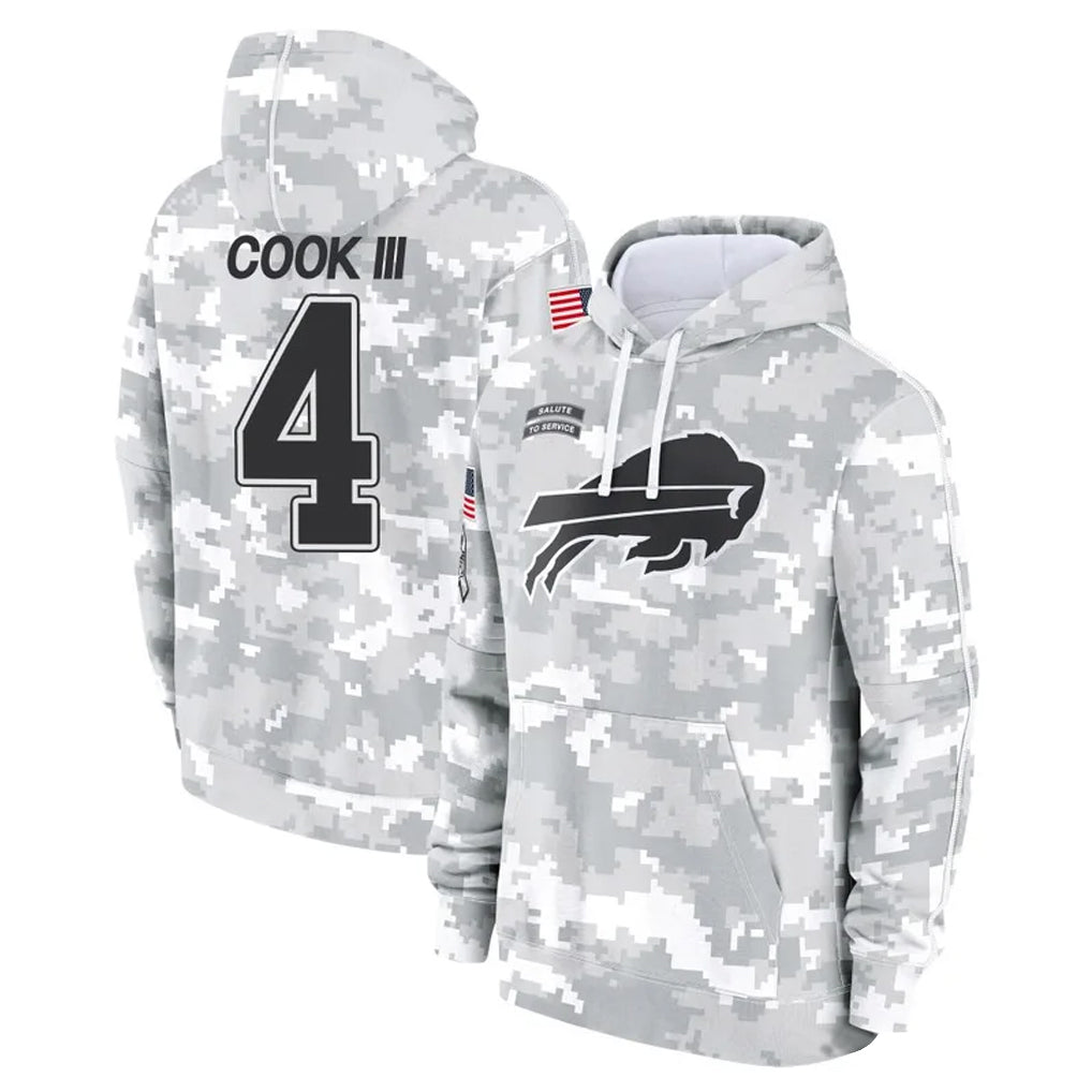 Elroe B.Bills #4 James Cook III Player Arctic Camo Salute to Service Hoodies Game Stitched Jerseys
