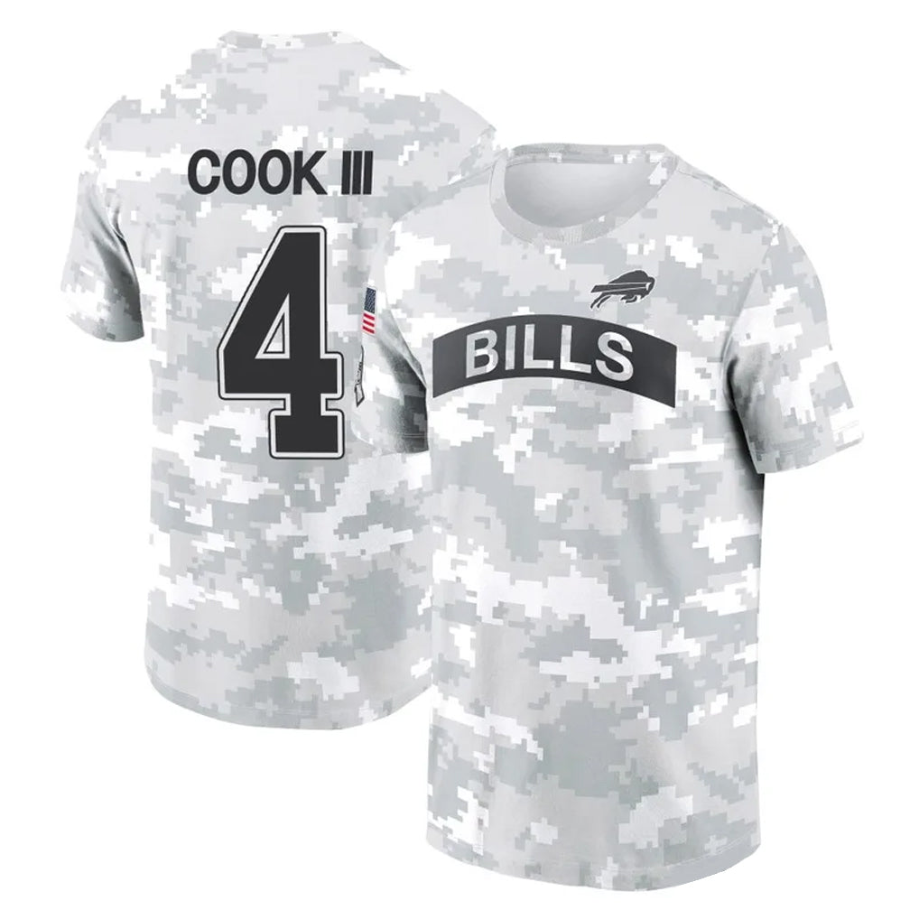 Elroe B.Bills #4 James Cook III Player Arctic Camo Salute to Service T-Shirt Hoodies Stitched Jerseys
