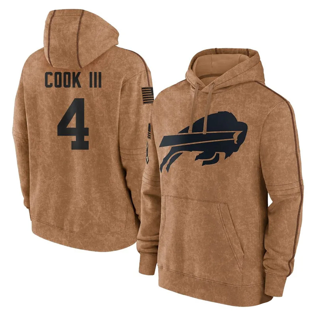 Elroe B.Bills #4 James Cook III Player Brown Salute to Service Hoodies Stitched Jerseys