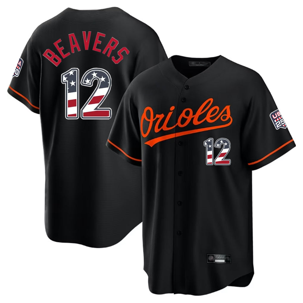 Elroe B.Orioles #12 Dylan Beavers Player Black USA 250 Fourth of July Home Game Stitched Jerseys