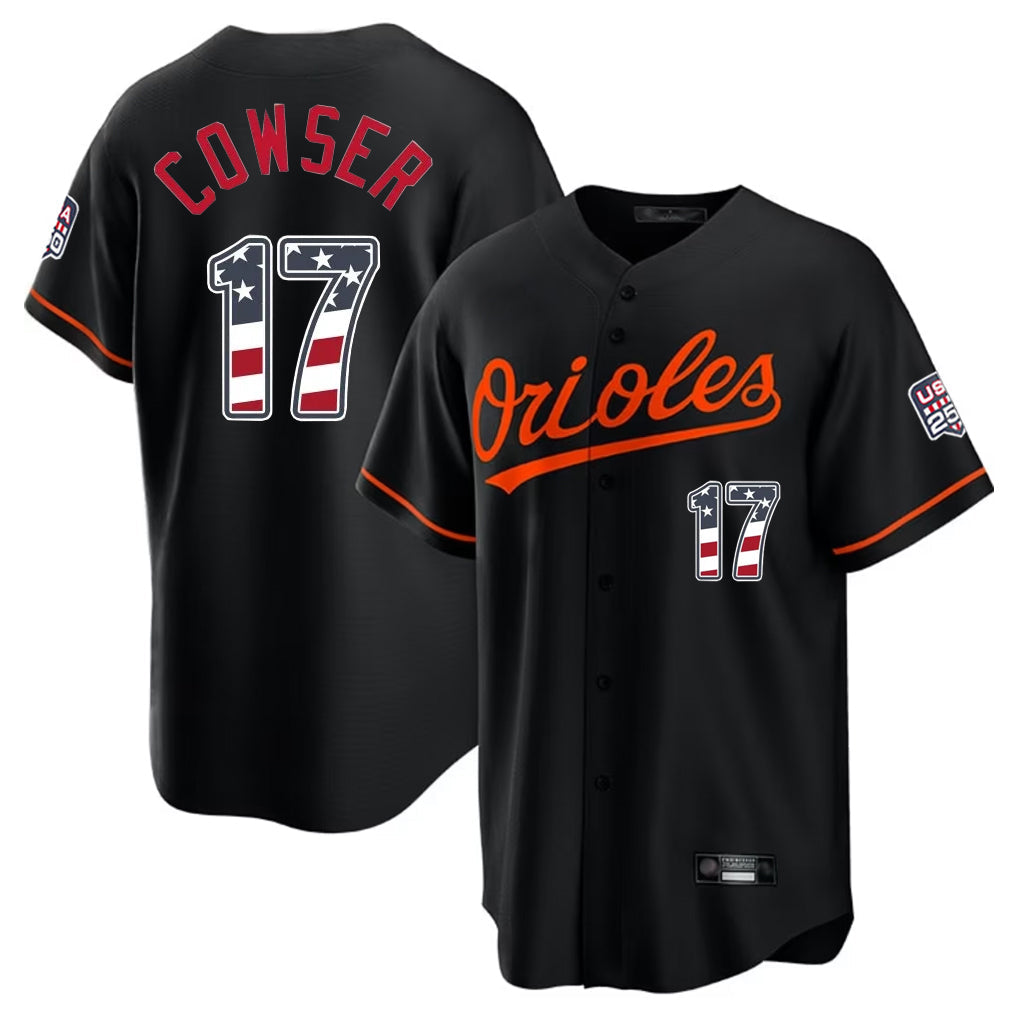 Elroe B.Orioles #17 Colton Cowser Player Black USA 250 Fourth of July Home Game Stitched Jerseys