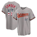 Elroe B.Orioles #17 Colton Cowser Player Gray USA 250 Fourth of July Home Game Stitched Jerseys