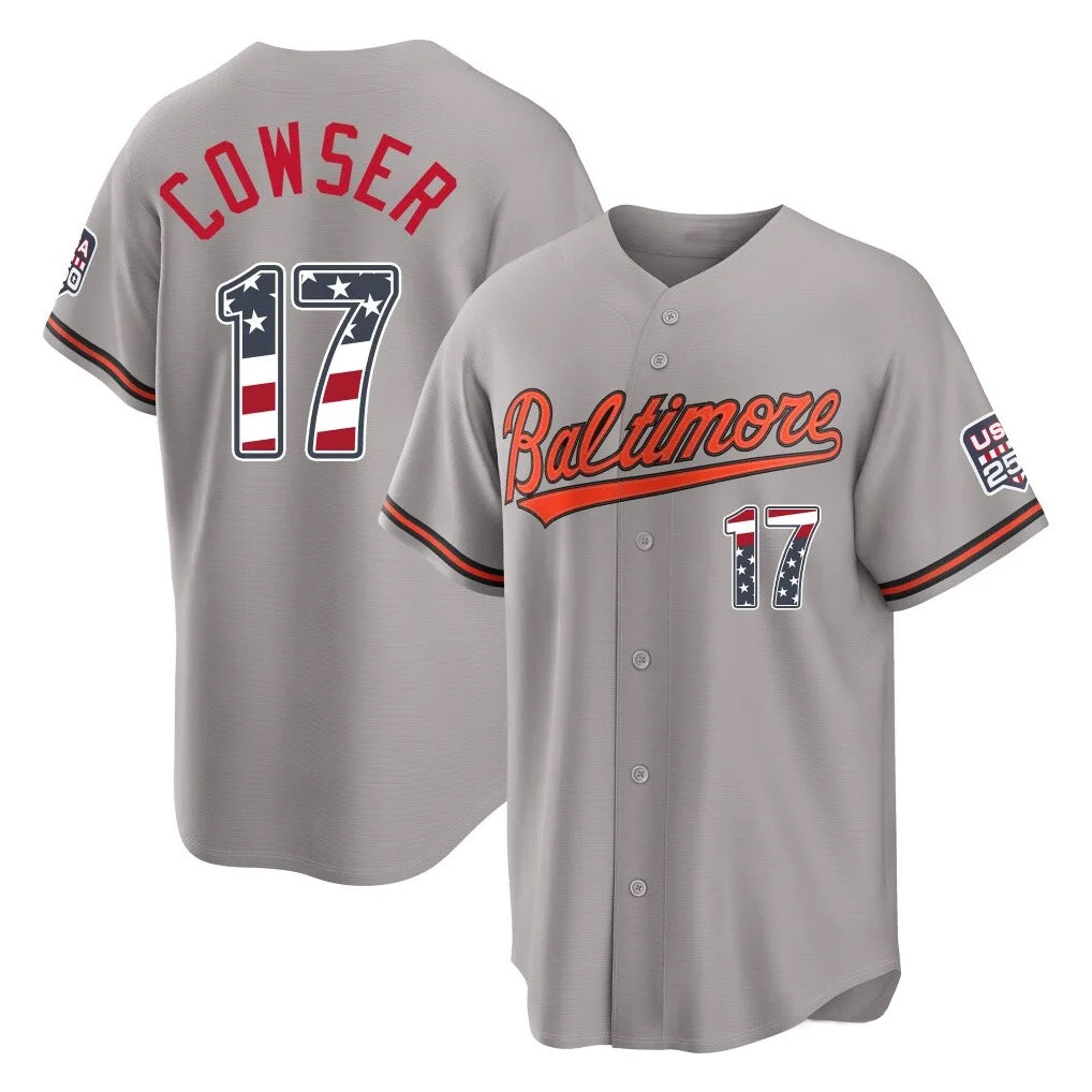 Elroe B.Orioles #17 Colton Cowser Player Gray USA 250 Fourth of July Home Game Stitched Jerseys