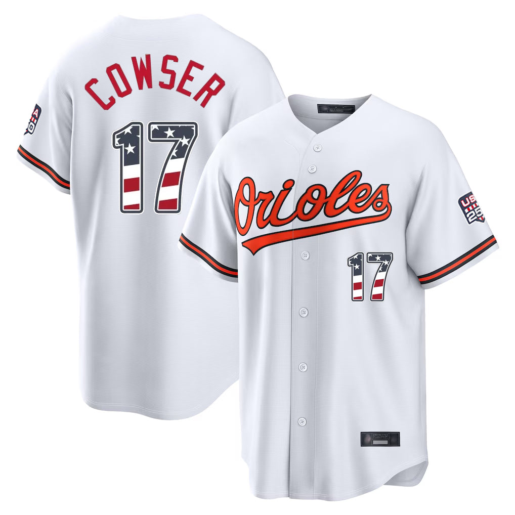 Elroe B.Orioles #17 Colton Cowser Player White USA 250 Fourth of July Home Game Stitched Jerseys