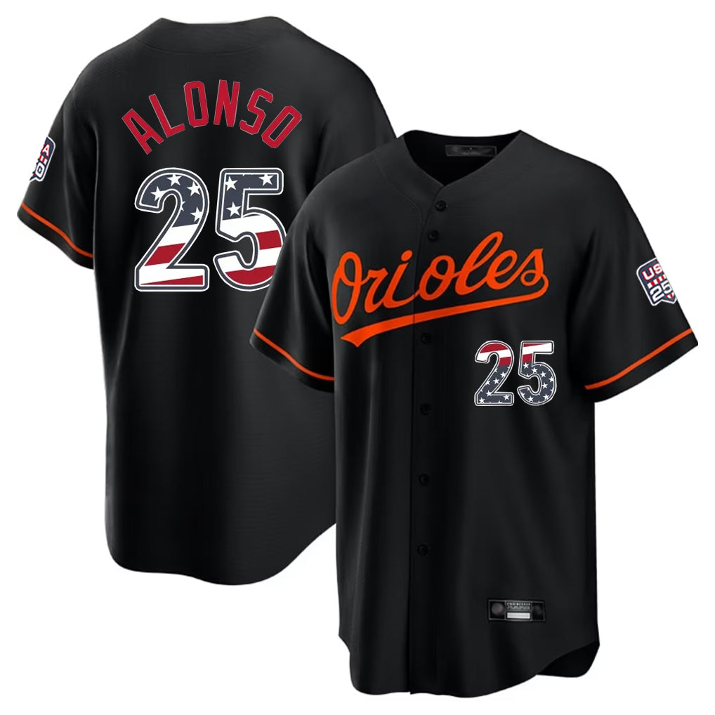 Elroe B.Orioles #25 Pete Alonso Player Black USA 250 Fourth of July Home Game Stitched Jerseys