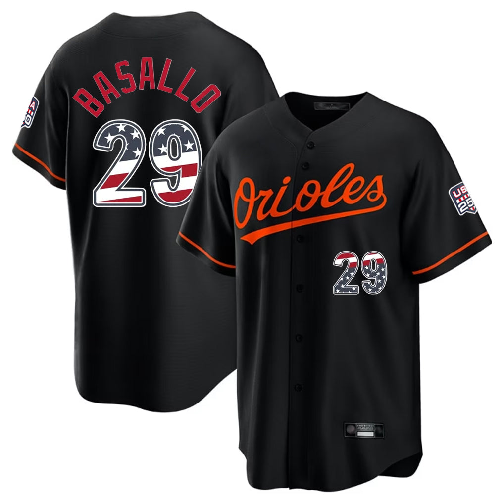 Elroe B.Orioles #29 Samuel Basallo Player Black USA 250 Fourth of July Home Game Stitched Jerseys