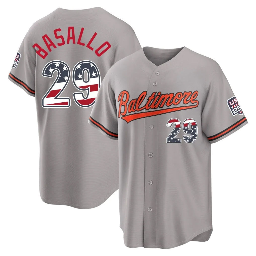 Elroe B.Orioles #29 Samuel Basallo Player Gray USA 250 Fourth of July Home Game Stitched Jerseys