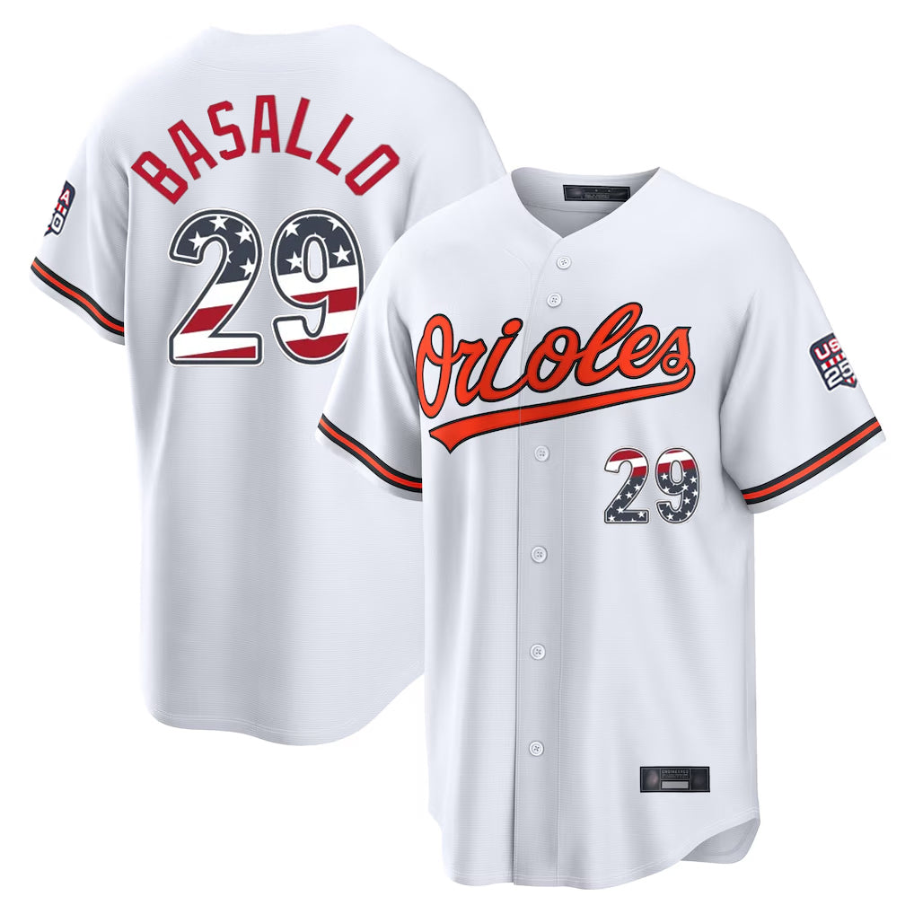 Elroe B.Orioles #29 Samuel Basallo Player White USA 250 Fourth of July Home Game Stitched Jerseys