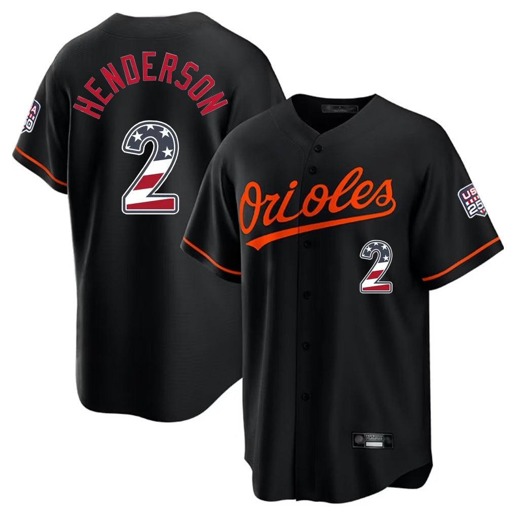 Elroe B.Orioles #2 Gunnar Henderson Player Black USA 250 Fourth of July Home Game Stitched Jerseys