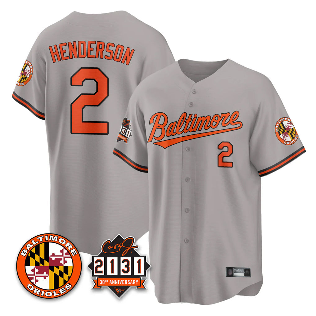 Elroe B.Orioles #2 Gunnar Henderson Player Gray 30th Anniversary of 2131 Home Game Stitched Jerseys