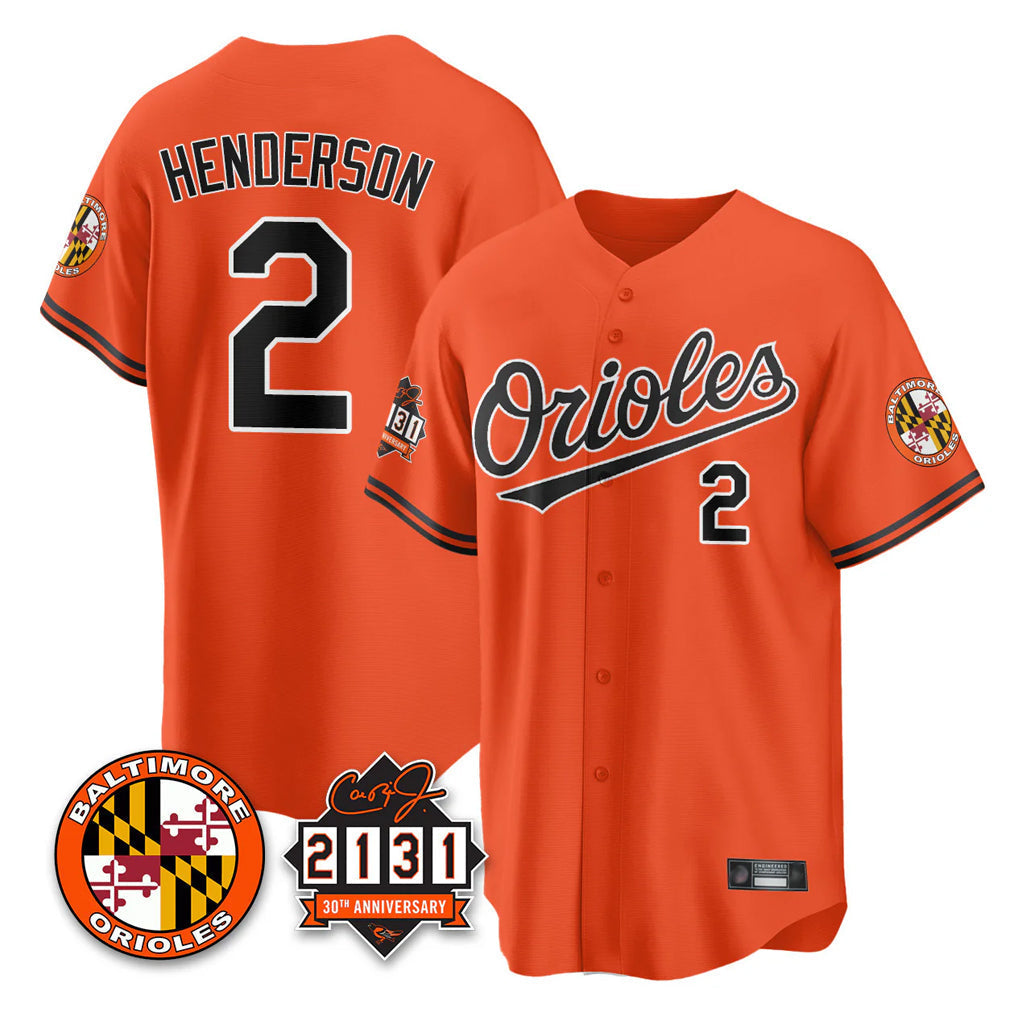 Elroe B.Orioles #2 Gunnar Henderson Player Orange 30th Anniversary of 2131 Home Game Stitched Jerseys