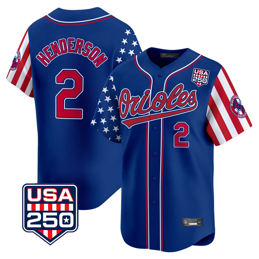 Elroe B.Orioles #2 Gunnar Henderson Player Royal USA 250 Independence Day Vapor Premier Limited Home Game Stitched Jerseys