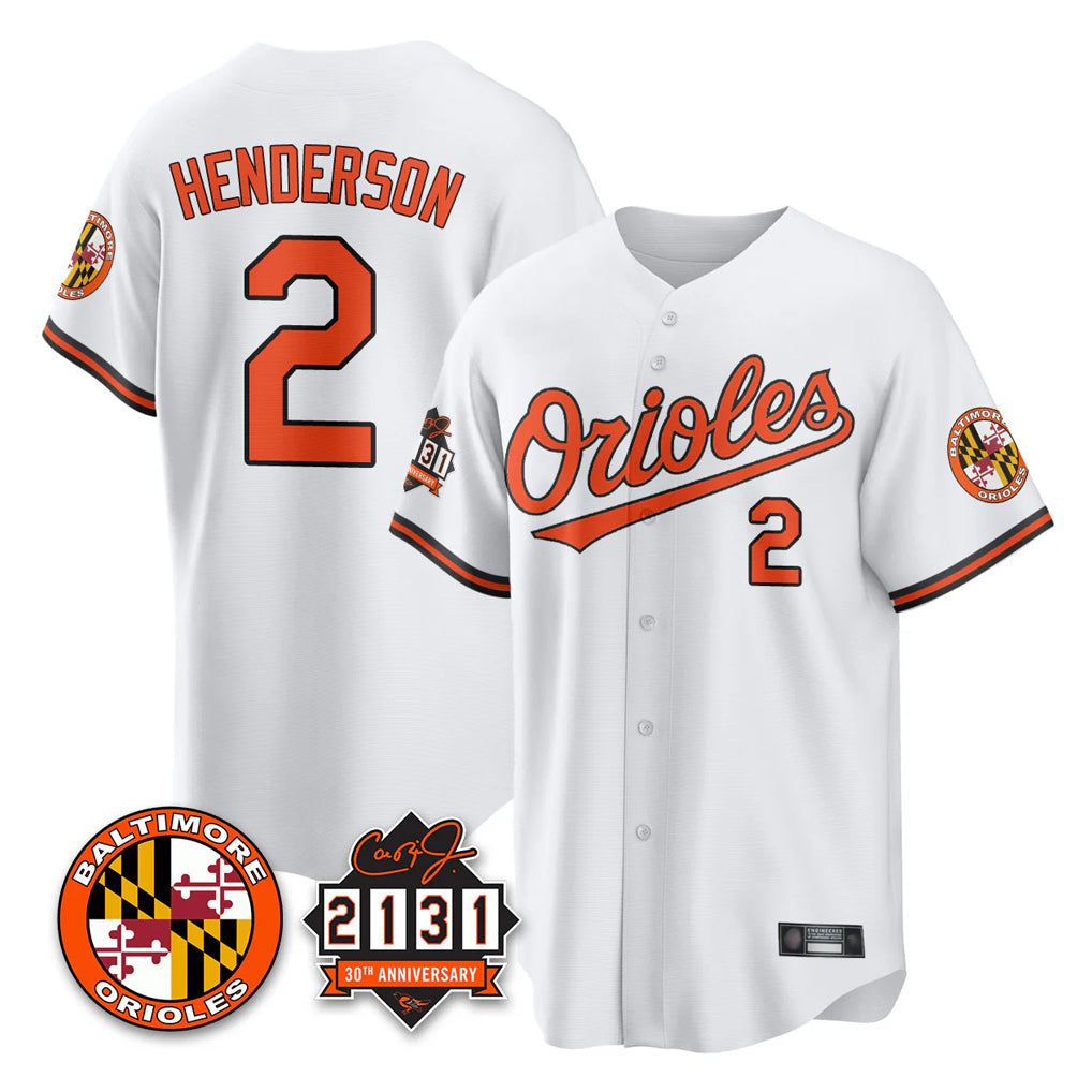 Elroe B.Orioles #2 Gunnar Henderson Player White 30th Anniversary of 2131 Home Game Stitched Jerseys