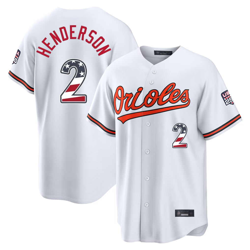 Elroe B.Orioles #2 Gunnar Henderson Player White USA 250 Fourth of July Home Game Stitched Jerseys