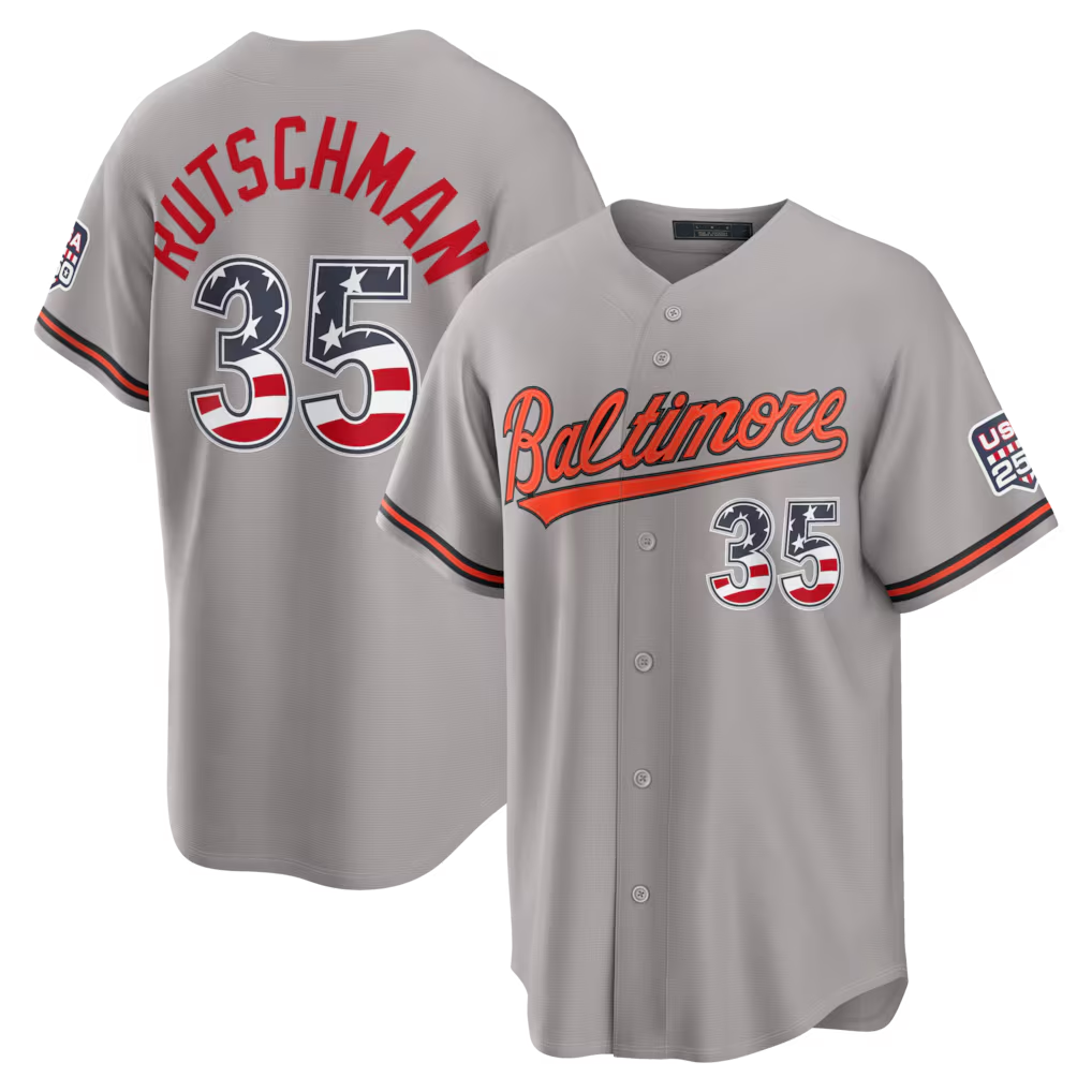 Elroe B.Orioles #35 Adley Rutschman Gray USA 250 Fourth of July Road Stadium Jersey