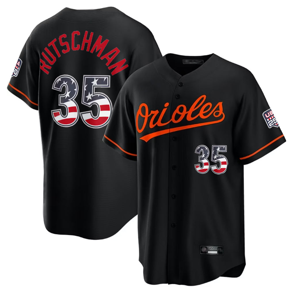 Elroe B.Orioles #35 Adley Rutschman Player Black USA 250 Fourth of July Home Game Stitched Jerseys
