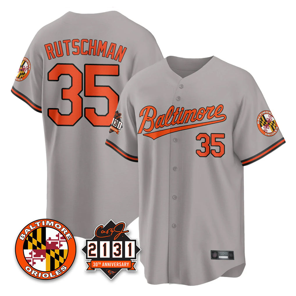 Elroe B.Orioles #35 Adley Rutschman Player Gray 30th Anniversary of 2131 Home Game Stitched Jerseys