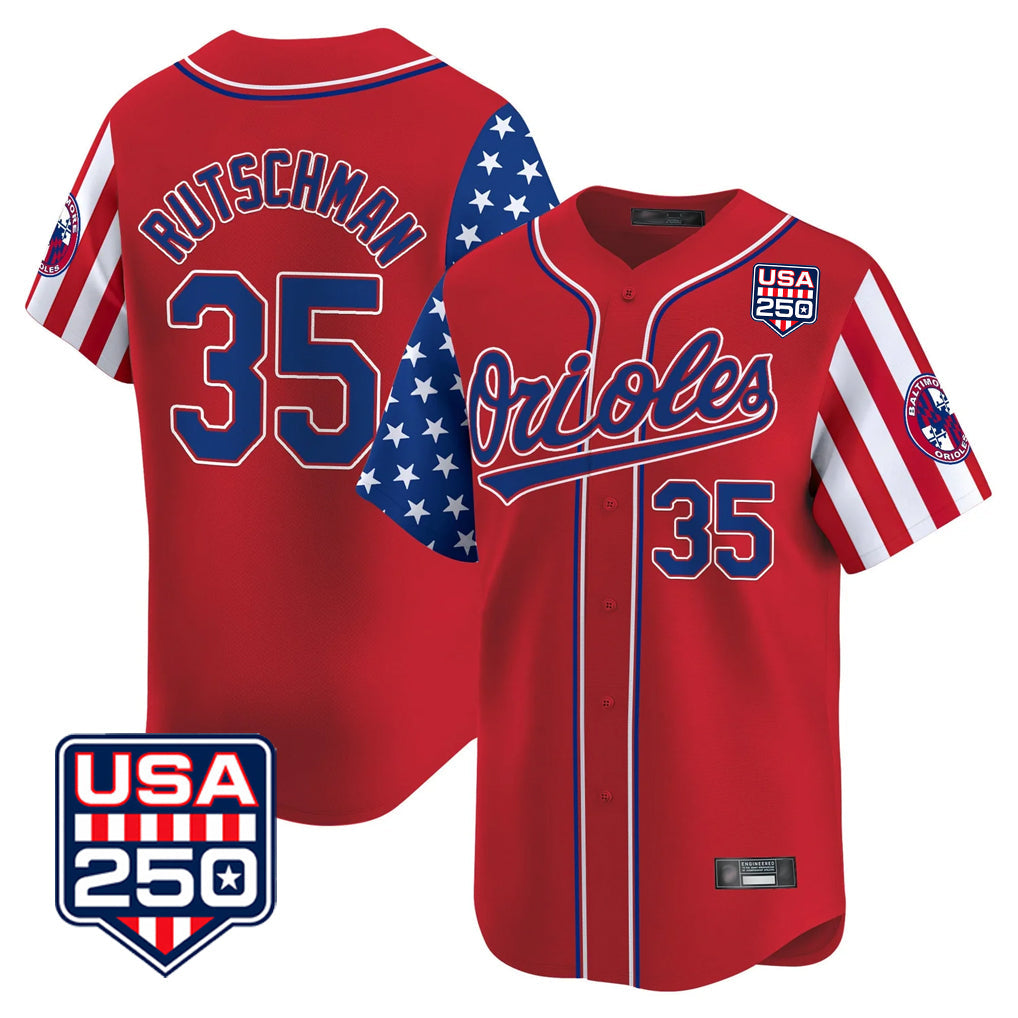 Elroe B.Orioles #35 Adley Rutschman Player Red USA 250 Independence Day Vapor Premier Limited Home Game Stitched Jerseys