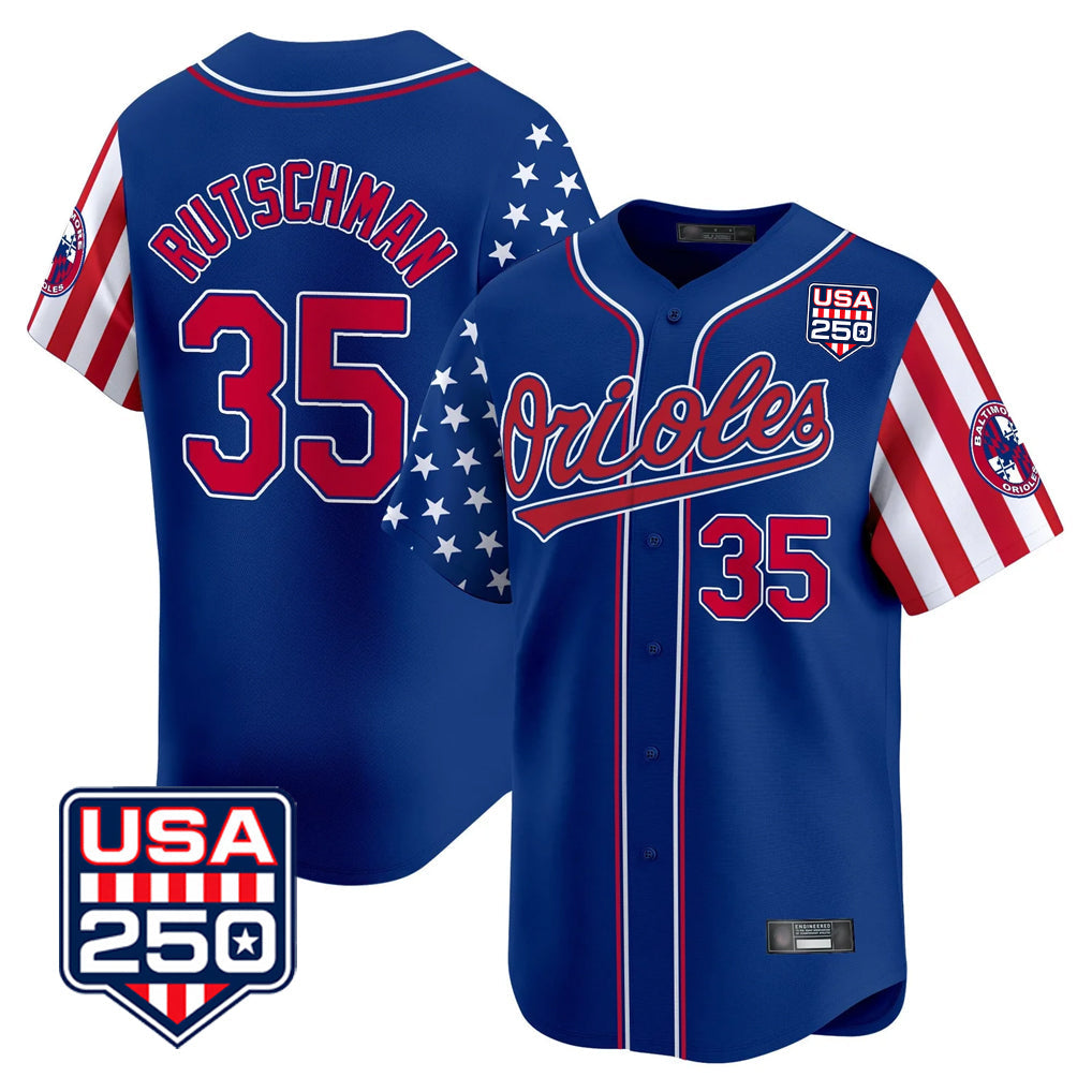 Elroe B.Orioles #35 Adley Rutschman Royal USA 250 Independence Day Vapor Premier Limited Home Game Stitched Jerseys