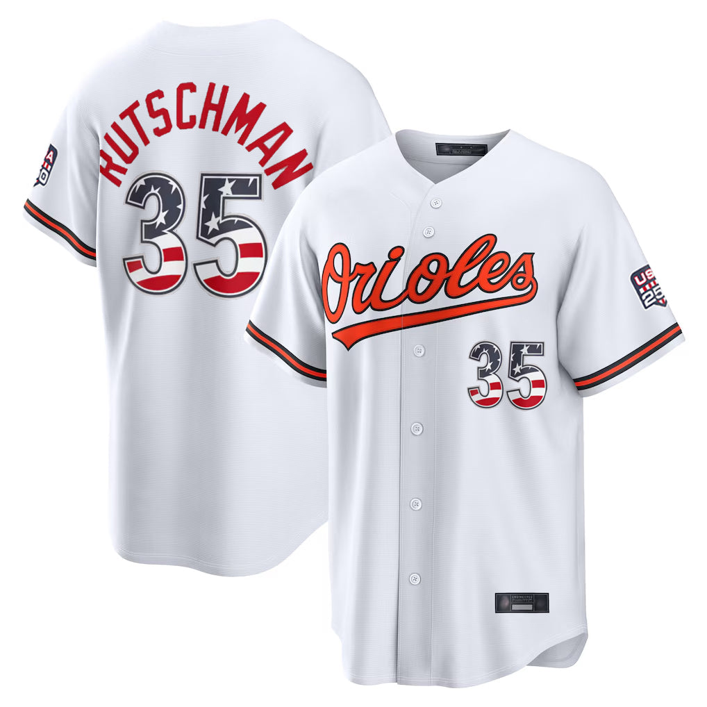 Elroe B.Orioles #35 Adley Rutschman Player White USA 250 Fourth of July Home Game Stitched Jerseys